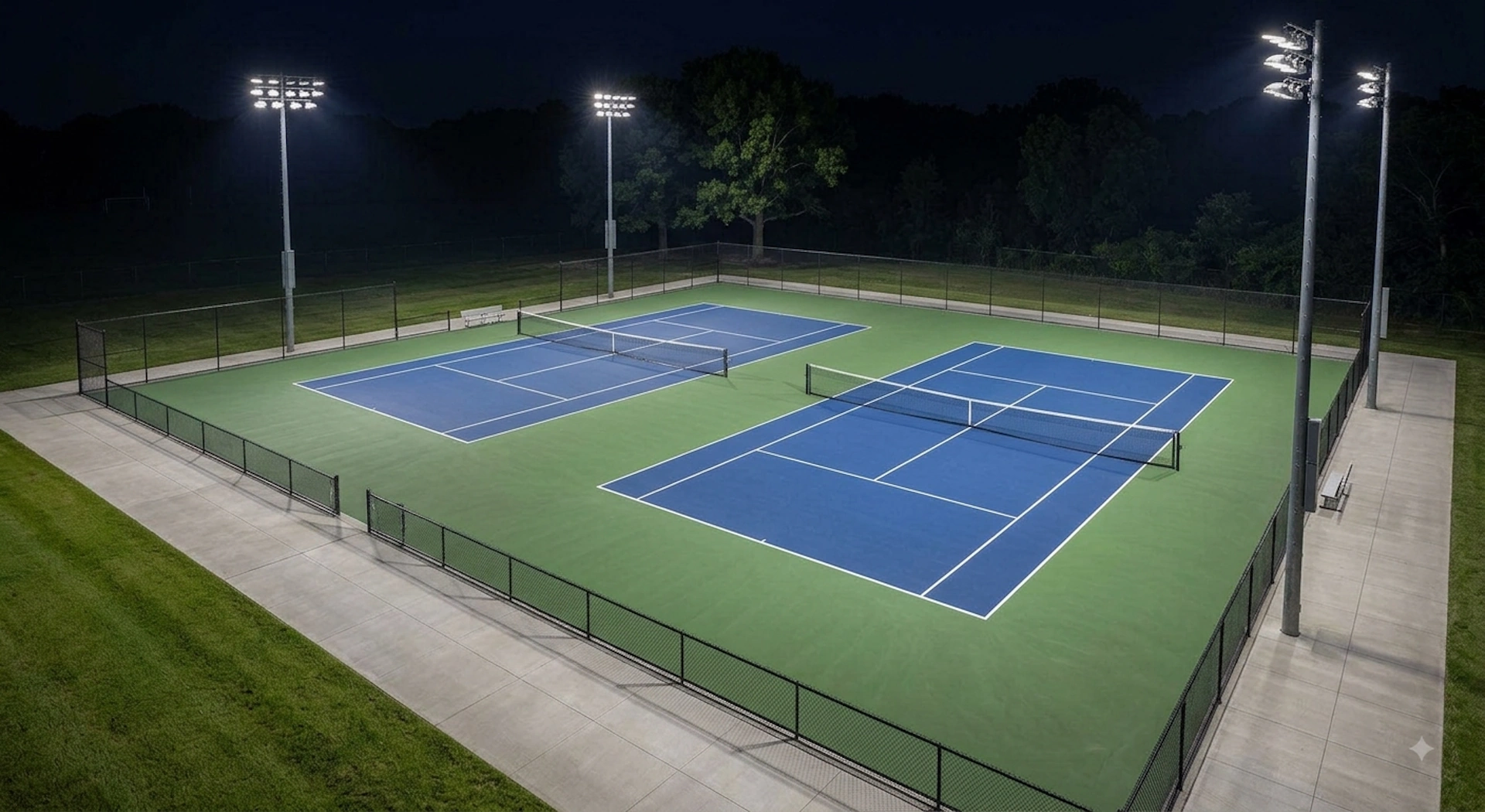 LED tennis court lights illuminating an outdoor court on Long Island, New York