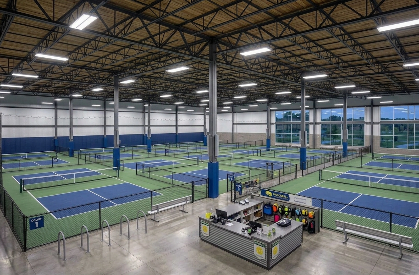 Indoor multi-court pickleball facility with LED lighting