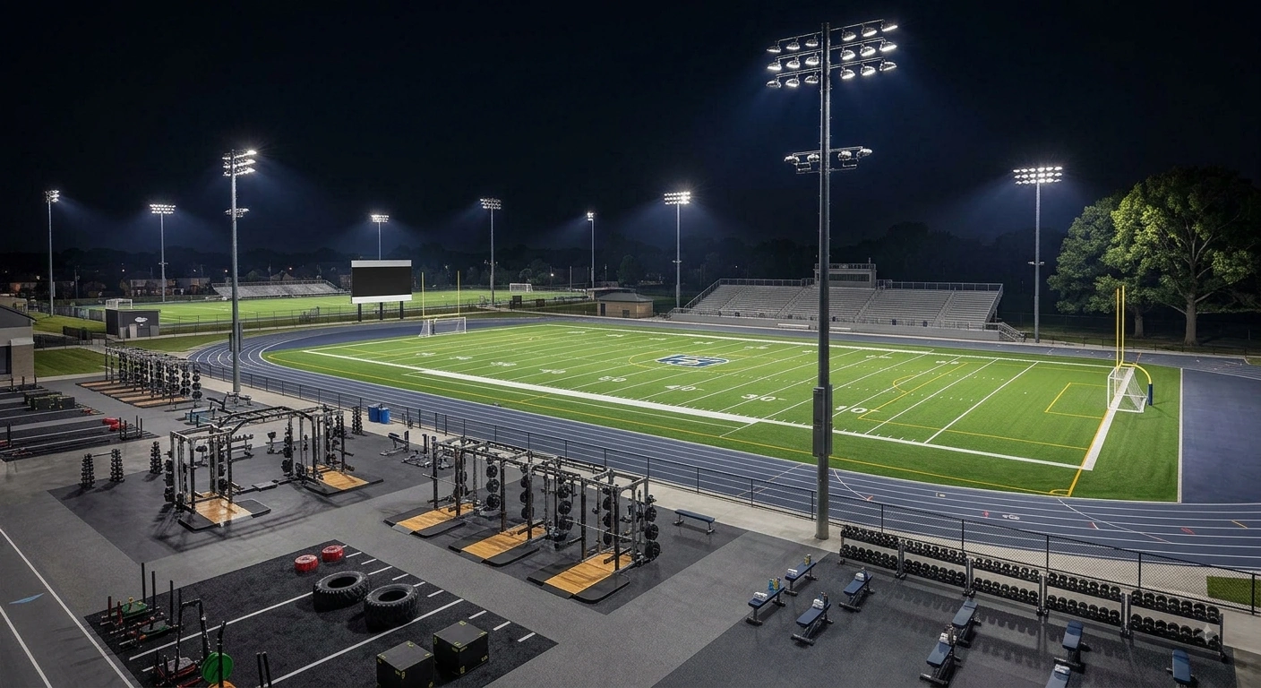 Outdoor athletic field illuminated with controlled LED sports lighting