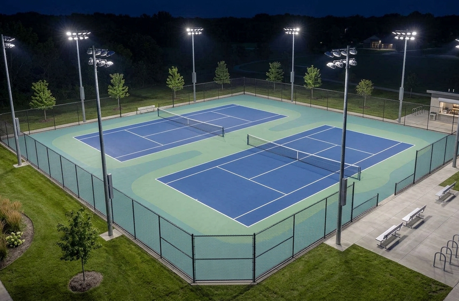 Pickleball court lighting layout showing even LED coverage