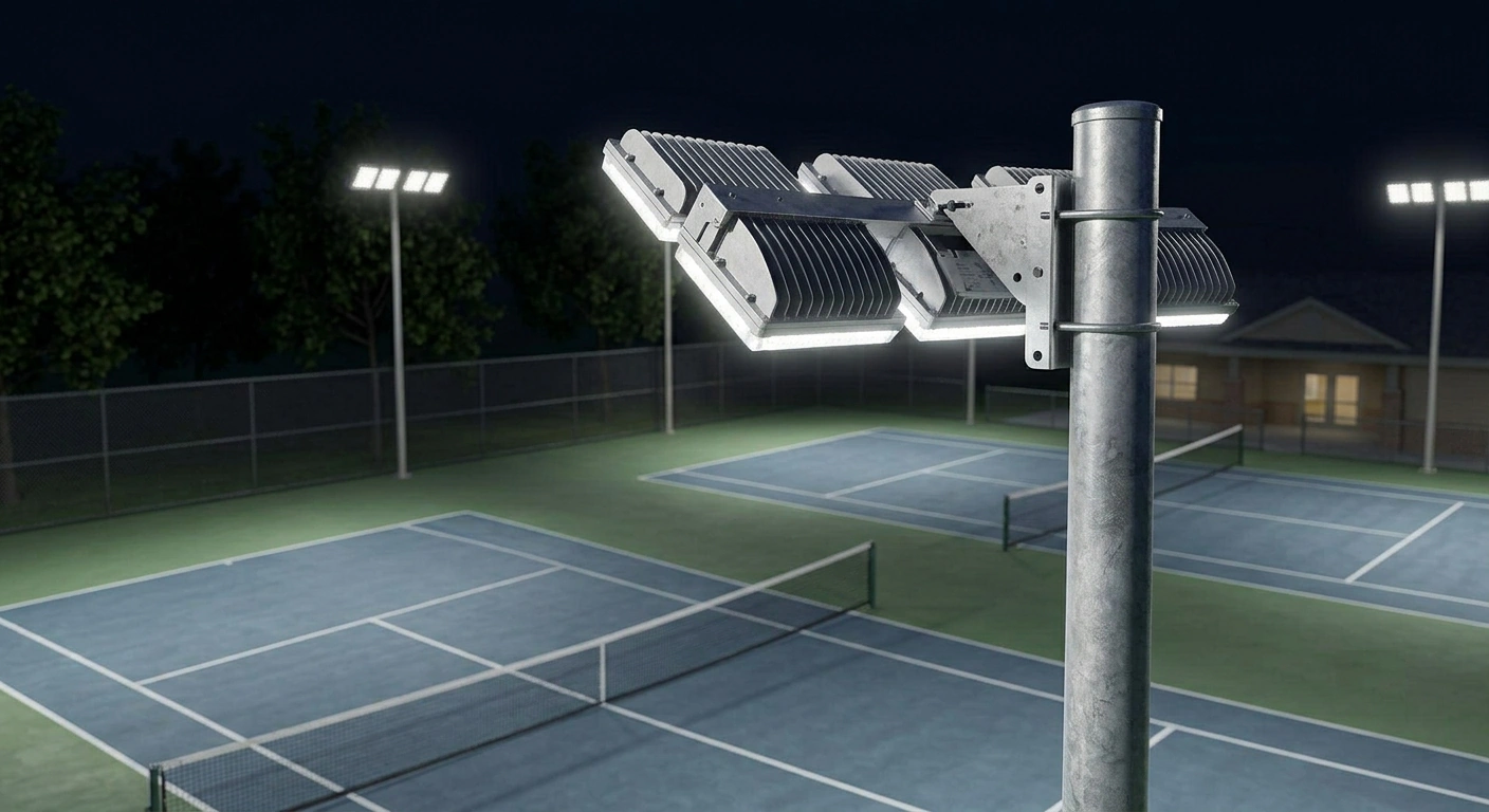 LED sports lighting fixture mounted on a tennis court light pole